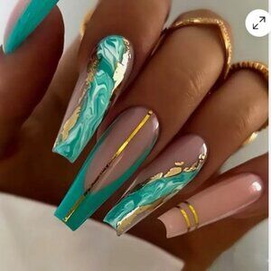 24Pcs Set Long Coffin Ballet Turquoise Green Marble Press On Nails Gold metallic